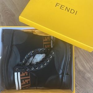 Fendi Rockoko Black leather biker boots with stretch fabric